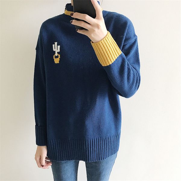 

women's sweaters harajuku 2021 autumn turtleneck casual women knitted cactus print hit color winter pullovers knitwear female clothing, White;black