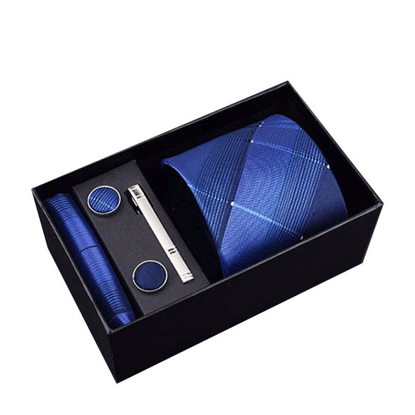 

new design tie set with gift box jacquard woven 8 cm 100% silk tie clips hanky cufflinks necktie sets for wedding party bow, Black;gray