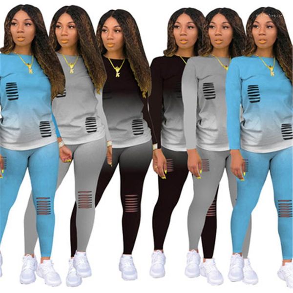 

spring slim casual sets gradient women tracksuits fashion trend burn hole round neck long sleeve pants 2pcs suits designer, Gray