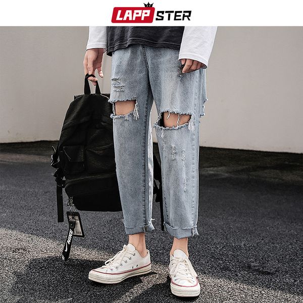 

men's jeans lappster men ripped for 2021 streetwear distressed pants man blue skinny denim hip hop black