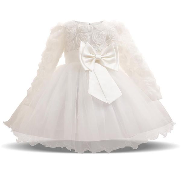 Langarm-weiße Kleider für Mädchen, Baby-Kleidung, 1. Geburtstag, Party, Kleinkind, Taufkleid, Kleinkind-Mädchen-Kleid