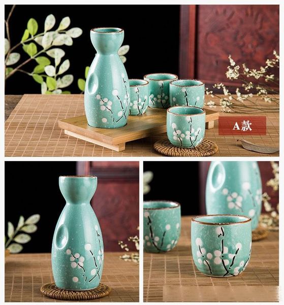 

cherry blossom japanese sake set 1 ceramic bottle flask 4 cups 1 bamboo serving tray asian wine gift pink blue yellow six colors