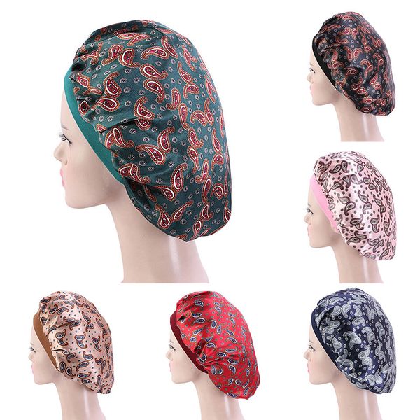 

hair satin bonnet for sleeping shower cap silk bonnet femme women night sleep cap head cover wide elastic band, Blue;gray