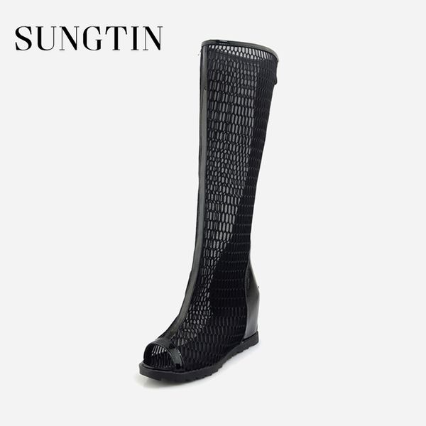 

boots sungtin mesh riding women casual wedges shoes peep toe pumps lady summer high heels knee-high large size black