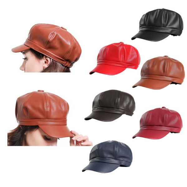 

осень зима новой моды женщина solid color кожа pu caps восьмиугольной cap повседневные винтажные шляпы восьмиклинок для женщин, Blue;gray