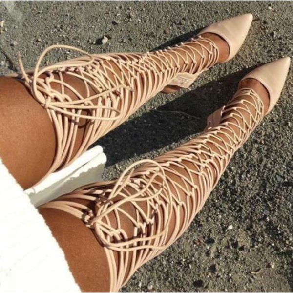 

drop shipping summer women rome thigh high boots black nude pointed toe cross lace up cut outs over the knee long boots