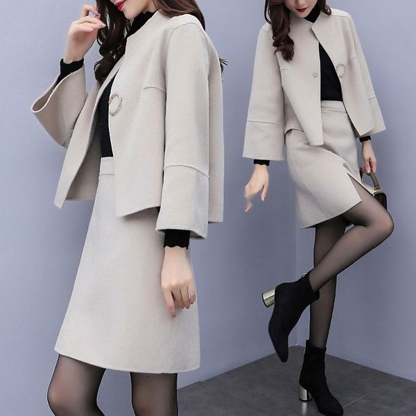 

elegant socialite 2020 new autumn clothing two-piece woolen skirt long sleeve coat coat wool coatonline popular fashion suit women's sl, Gray