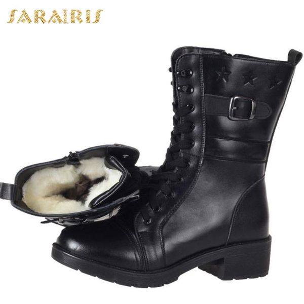 

sarairis 2020 motorcycles boots genuine leather winter shoes women warm plush wool fur cow skin snow boots female, Black