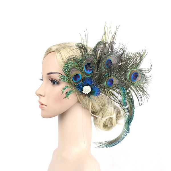 

women peacock feather fascinator clip ladies day races wedding party bridal tiara hairpin hair accessories, Golden;silver