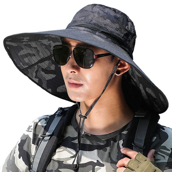 

new men's camo army large wide brim travel hiking outdoor fishing cap sun hat summer shade sport cap, Blue;gray