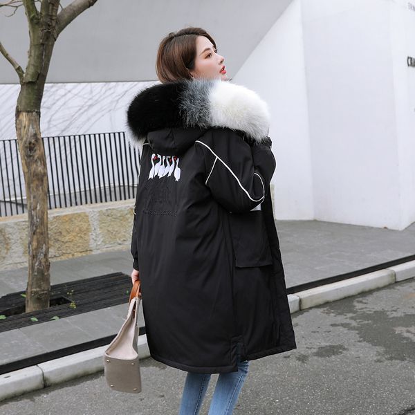 

women's down & parkas plus size women winter long jacket printing hooded loose thick fur collar korean style cotton female cold coat, Black