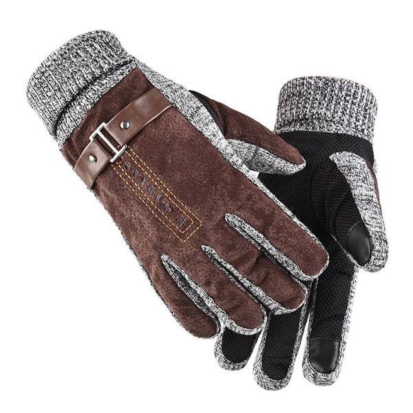 

men pigskin winter warm gloves plus velvet thick windproof touch screen mittens outdoor cycling driving running glove yl5, Blue;gray