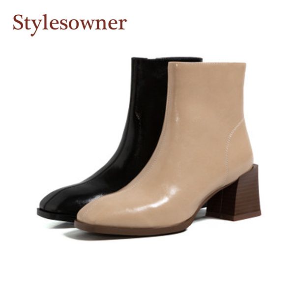 

2020 autumn/winter new oil wax leather thick heel thin high heel square toe ankle boots trendy women simple short boots, Black