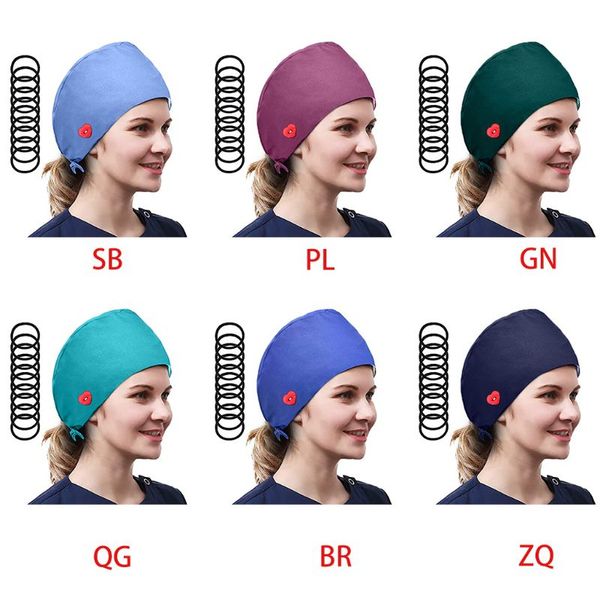 

women solid color buttons scrub cap with 10pcs hair ties bouffant hat, Blue;gray
