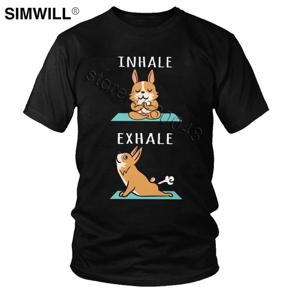 

funny corgi yoga inhale exhale tee men soft cotton pets dog tshirt short sleeved urban t-shirt wholesale big size clothing