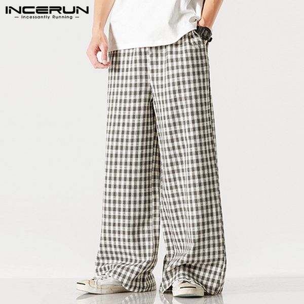 

2020 casual loose baggy joggers pantlon men cozy pants incerun men fashion plaid pants leisure wide leg drawstring trousers 5xl, Black