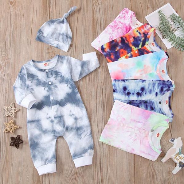 

tie dyed baby romper long sleeve infant girls jumpsuit hat 2pcs sets causal newborn climbing clothes boutique baby clothing 10 color dw5945, Blue