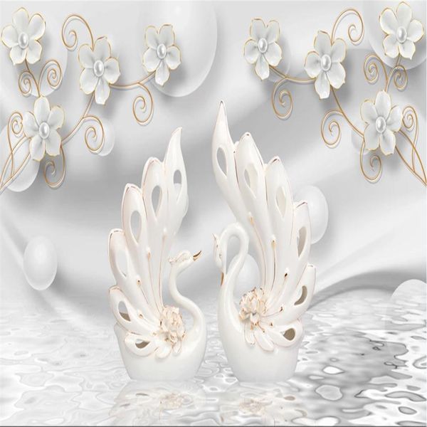 Foto Wallpapers 3D 3D tridimensional cisne jóias flor papéis de parede de fundo murais 3d papel de parede para sala de estar