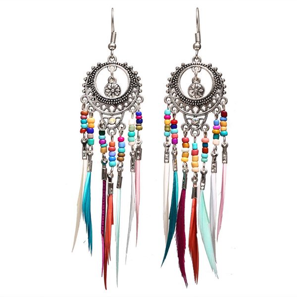 

dangle & chandelier long feather earrings for women big ethnic fringed beads 2021 vintage female jewelry, Silver