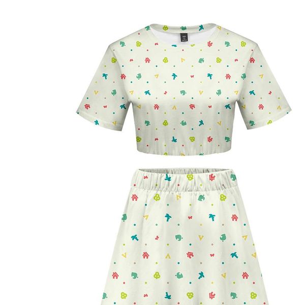 

cartoon animal crossing trendy style women two piece set summer short sleeve crop skirt suitable casual streetwear clothes, Gray