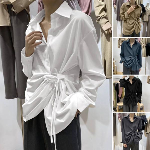

fashion women long sleeve blouse casual lace up shirts elegant lapel neck ol asymmetric spring blusas femininas 3xl, White
