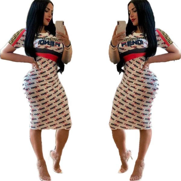 

2020 bodycon dress print midi dress summer women casual fashion letter printed round collar short sleeve slim street party dresses white 088