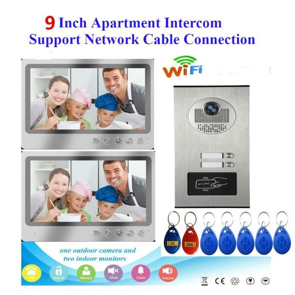 

video door phones 9 inch wired wifi apartments phone intercom system rfid ir-cut hd 1000tvl camera with 2 apartment/family