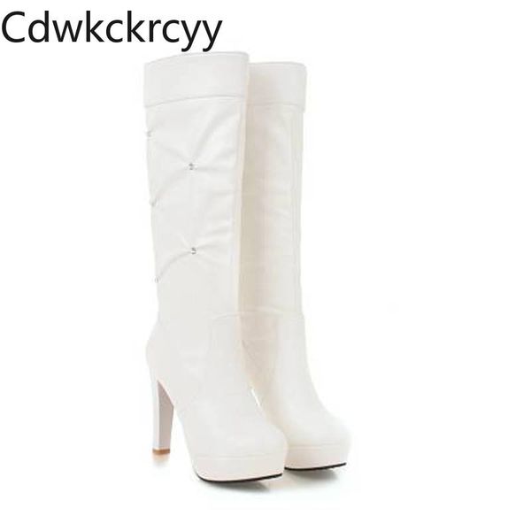 

winter the new fashion round head thick heel high tube boots sweet rhinestone plus velvet keep warm high heel women boots, Black