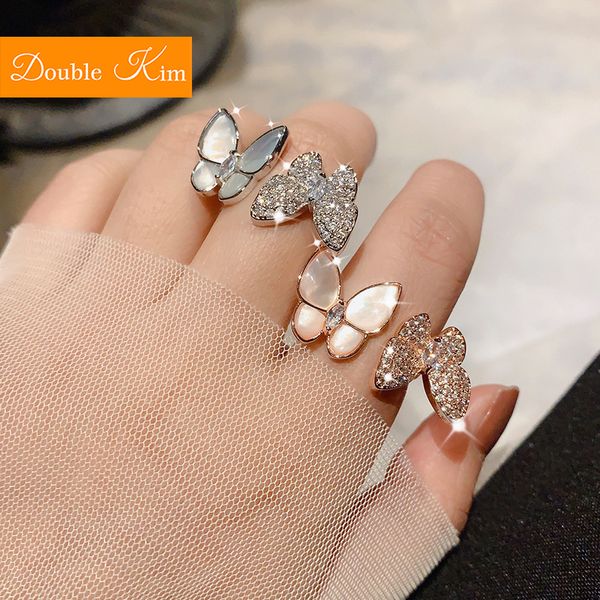 

wedding rings opal butterfly ring micro-inlaid zircon copper adjustable silver plated inlaid fashion trendy women jewelry gift, Slivery;golden
