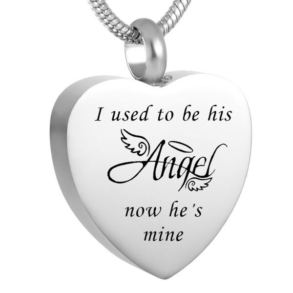 

lkj90953 "i used to be his angel now he's mine" heart cremation necklace, loss of love memorial urn ashes holder keepsake loc, Silver
