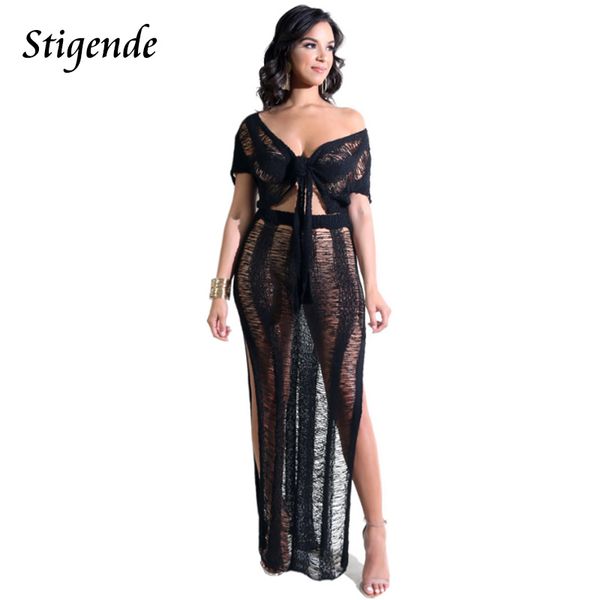 

women's tracksuits stigende knitted two piece crop skirt set women crochet 2 high split see through summer beach wear cover dress, Gray