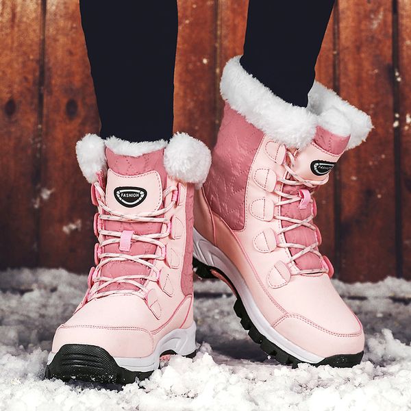 

nice fashion winter shoes woman pink leather boots women platform snow boots lace up flat with fur warm large size 36-52, Black
