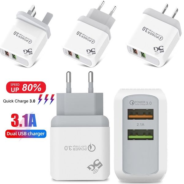 

fast quick charger dual usb ports qc3.0 3a eu us uk wall charger adapter for samsung s10 s11 iphone x xr max android phone pc