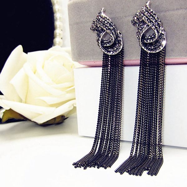 

rhinestone vintage tassel earrings drop earring for women party jewelry black chains long dangle earrings, Silver