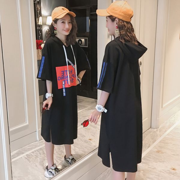 

#4939 summer 2020 casual long hooded dress plus size cotton loose printed t shirt dress women short sleeves white/black/red 3xl