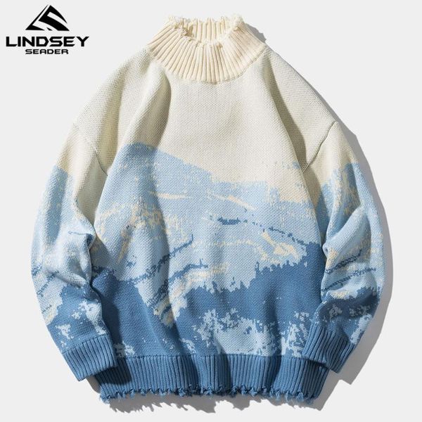 

lindsey seader high neck mens sweaters mountains oversize hip hop streetwear harajuku autumn winter thick pullover men sweaters, White;black