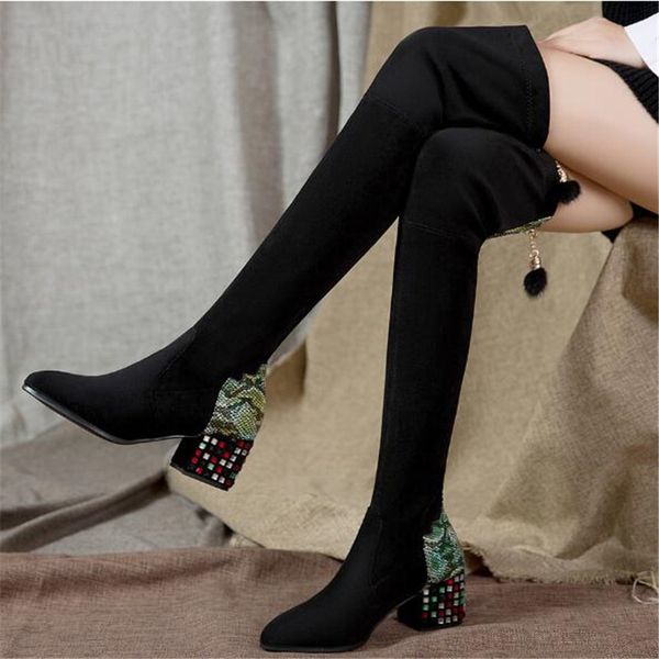 

2020 winter women stretch boots slim rhinestone heel over the knee boots thick heel high women shoes botas de mujer 34-41, Black