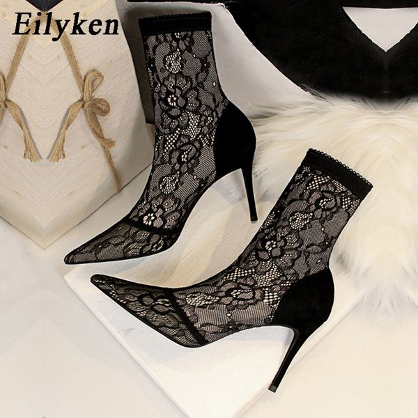

eilyken 2021 spring new embroider lace mesh design women ankle boots pointed toe thin high heels party shoes size 42 43, Black