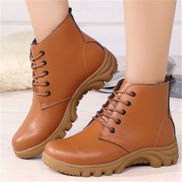 

new fashion real cowhide leather ankle boots winter plush warm comfort flat snow boots platform non-slip lace-up booties, Black
