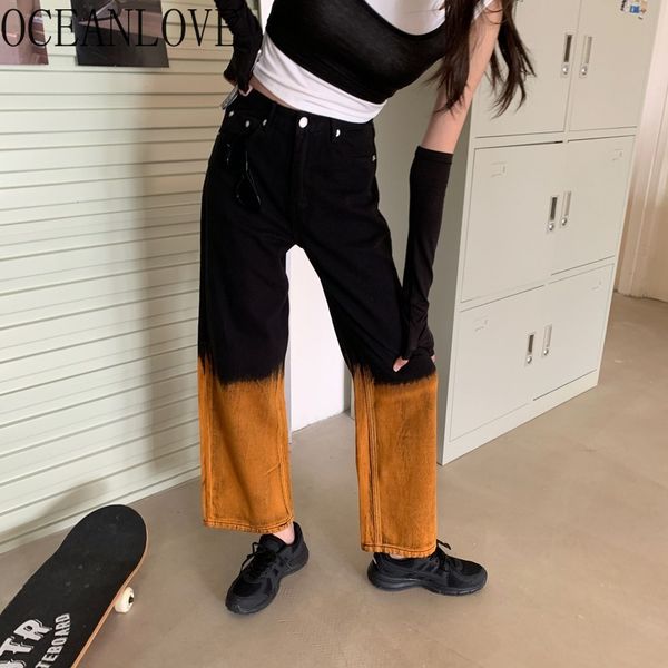 

oceanlove streetwear denim trousers women tie dye vintage high waist ropa de mujer autumn panelled ins 2020 pants 18542, Black;white