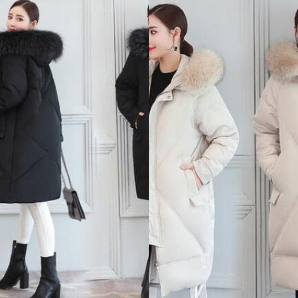 

women's down & parkas winter jacket warm duck coat women long parka large fur collar loose hooded female, Black