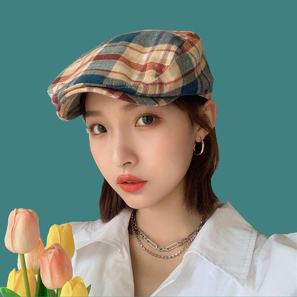 

plaid cotton newsboy cap casual ivy hat duckbill visor retro beret female autumn and winter cap, Blue;gray