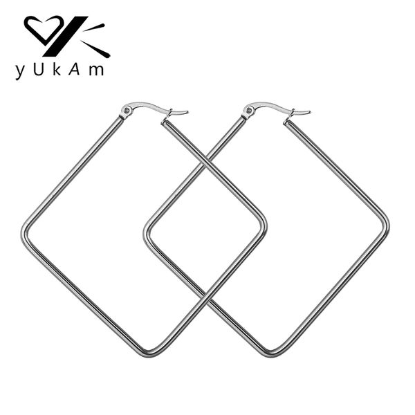 

hoop & huggie yukam simple big large square earrings for women silver stainless steel long geometric oversized creole jewelry, Golden;silver