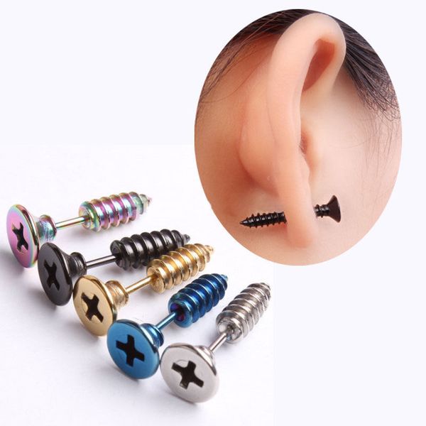 

stud 1pair women men chic punk stainless steel screw ear studs earrings, Golden;silver