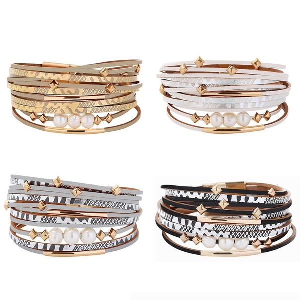 

vintage pearl multilayer wide wrap leather bracelet bangle woman charm bracelets 2020 pulseira femme punk statement jewelry, Golden;silver