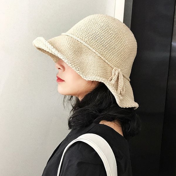 

beanie/skull caps japanese-style retro artistic fisherman hat female summer casual knitted bow bucket student folding sunbonnet, Blue;gray