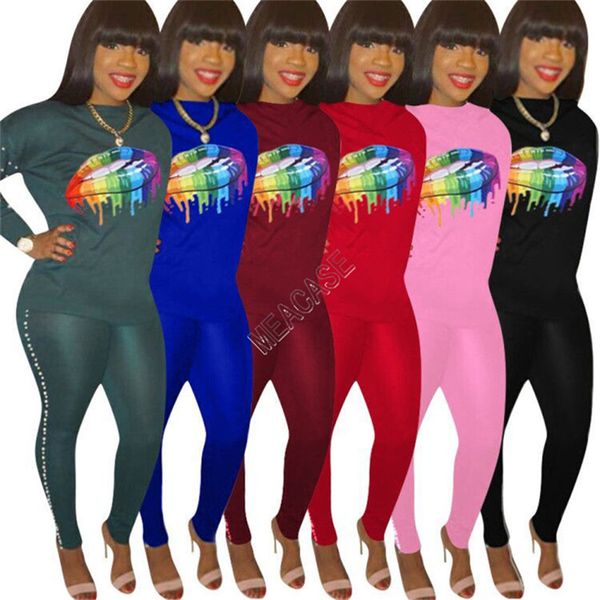 

женщины губа печати tracksuit радуга big mouth пуловер t-рубашка гетры sweatsuit осень зима толстовка кофты брюки нарядов продажа d91609, White