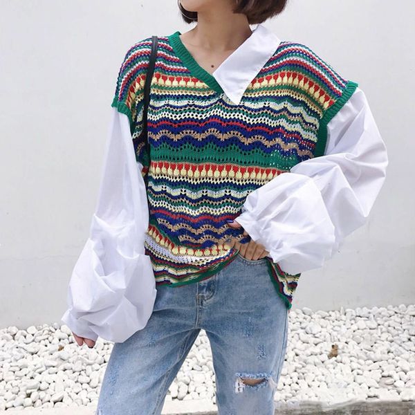 

women's sweaters [ewq] 2021 autumn winter long sleeve v-neck two-piece outfit casual fashion splicing personality women pullover 3ac269, White;black