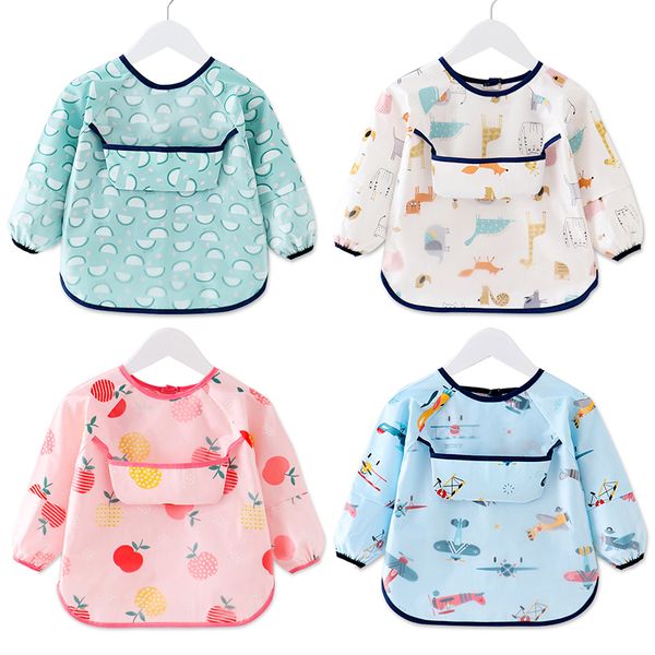 

hair accessories cartoon cute baby bibs with pocket waterproof toddler kids long sleeves apron feeding burp cloth, Slivery;white