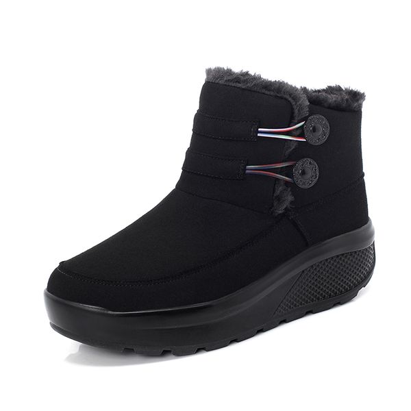 

women's snow boots ankle winter boots for woman faux suede plush keep warm ladies winter shoes buttons wedges non-slip female, Black